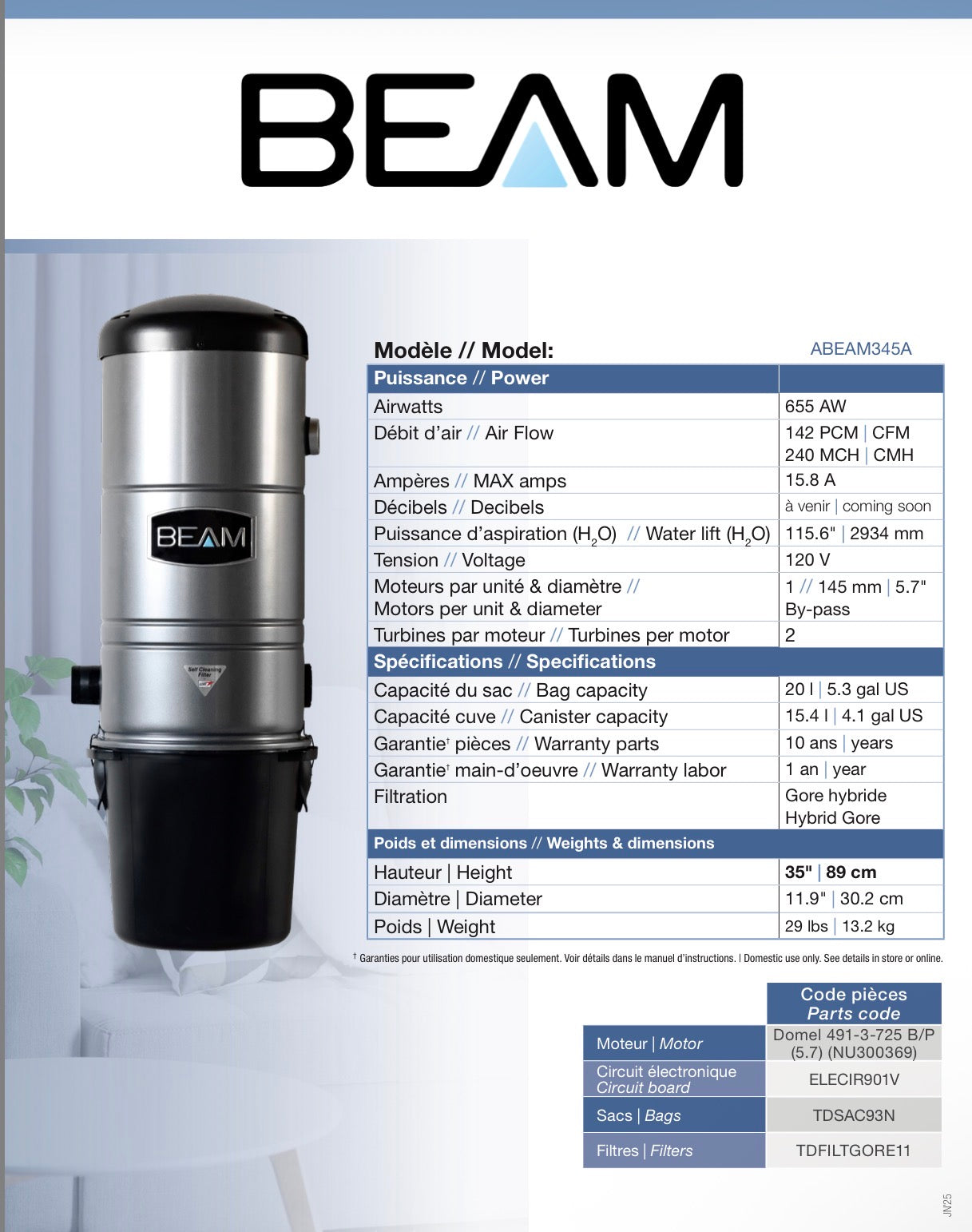 Beam 345A Quiet Central Vacuum Cleaner - ABEAM345A